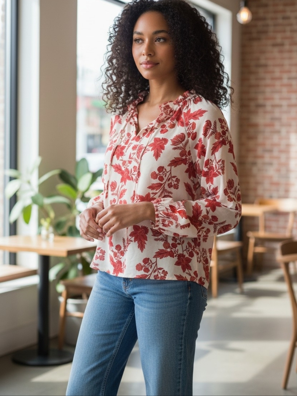 LOFT Blouse TOP Ruffled Collar Pull On DRESSY  Red White FLORAL SEMI SHEER SHIRT - Picture 2 of 10